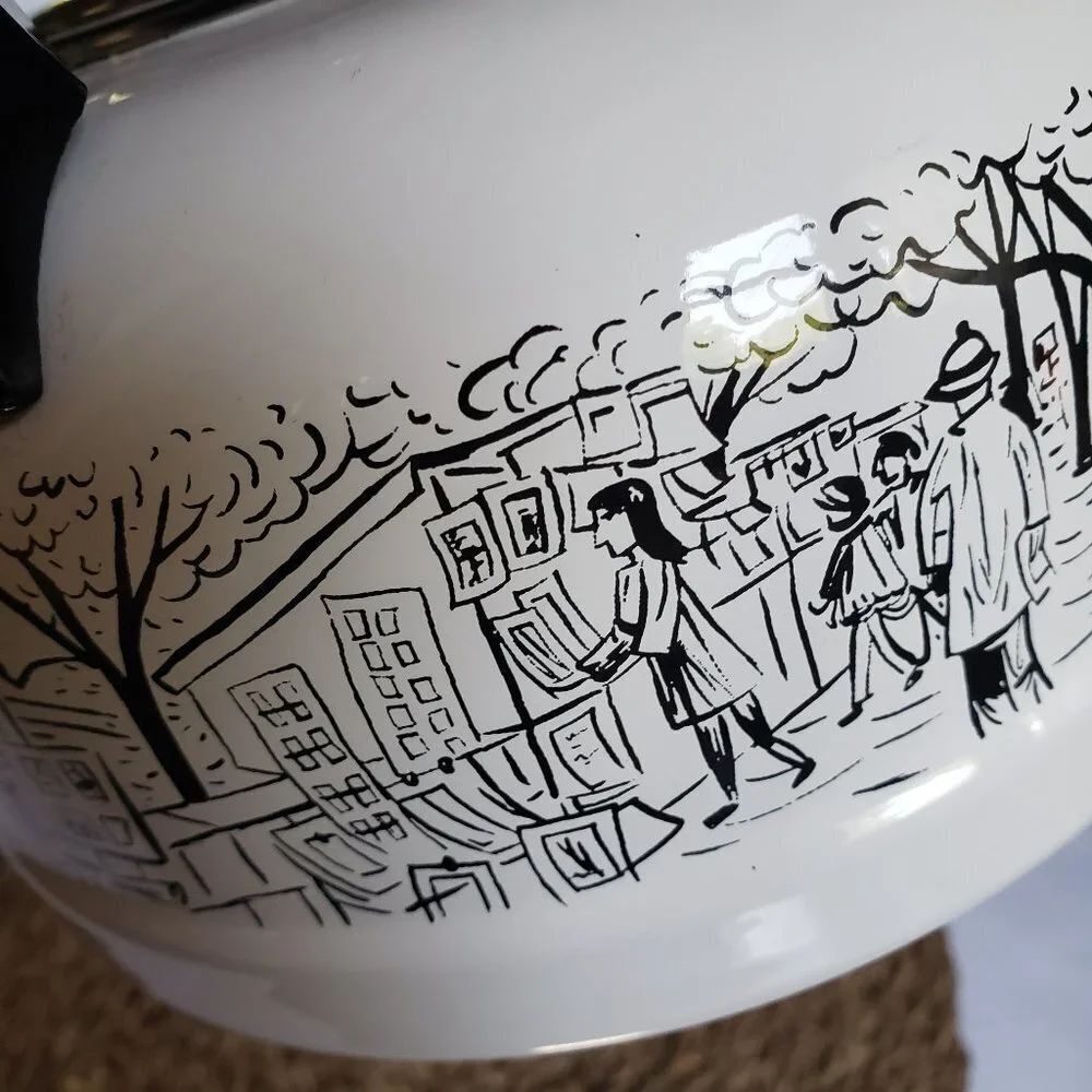 Mikasa Parisian Scenes Whistling‎ Tea Kettle Pot Enameled White Black